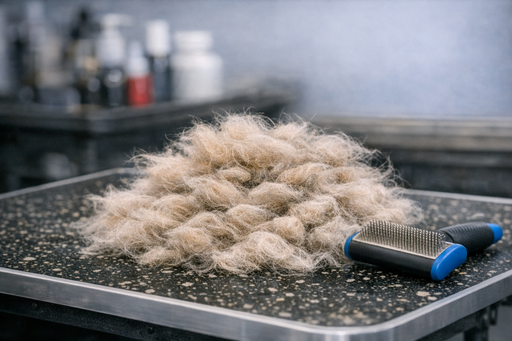 Tas de poils retirés après un brossage de chat avec une brosse de toilettage