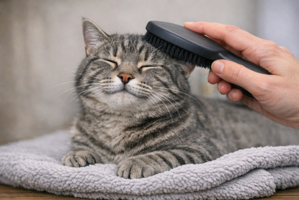 Chat gris relaxé en train d’être brossé doucement
