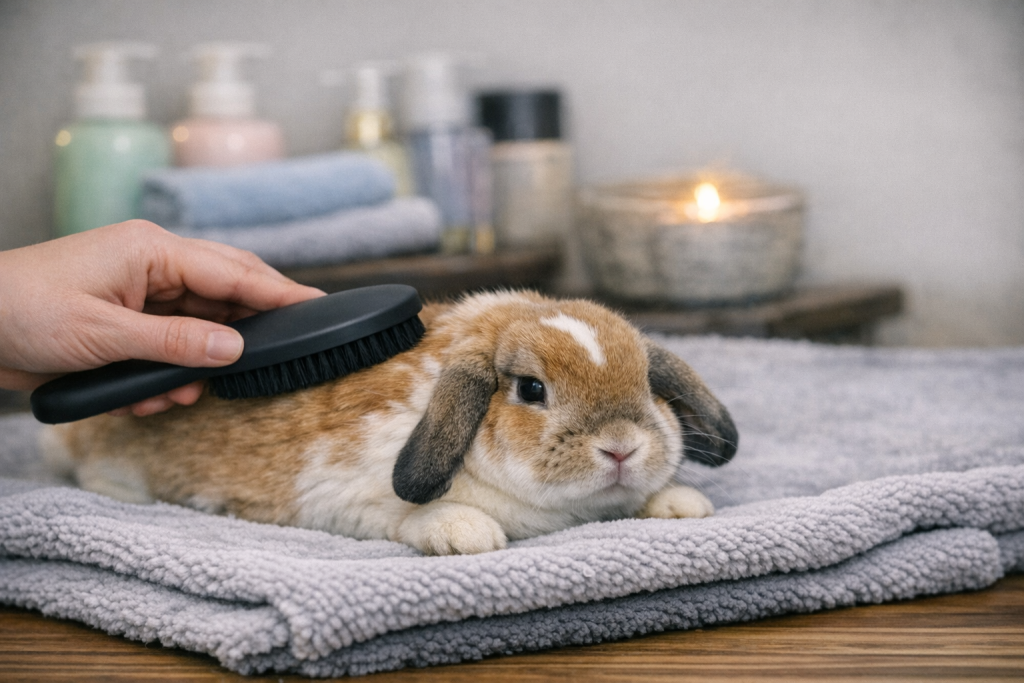 Lapin brossé délicatement dans un environnement calme