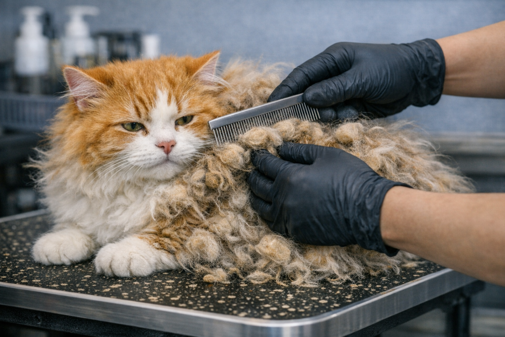 Démêlage de gros nœuds sur un chat à poils longs avec un peigne de toilettage