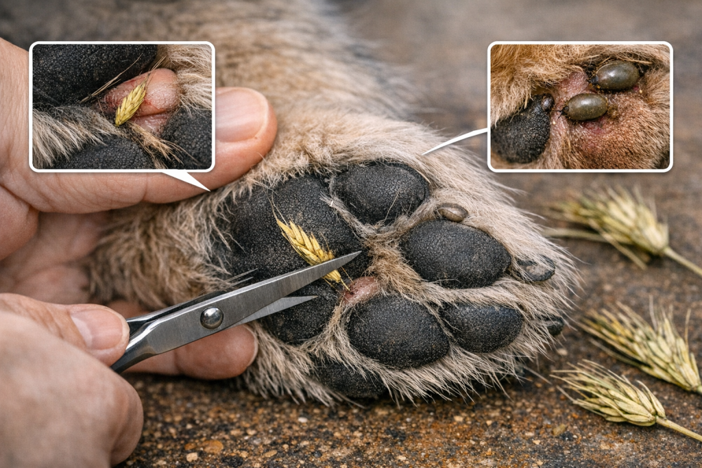 Coupe des poils entre les coussinets d’un chien pour enlever des épis sauvages