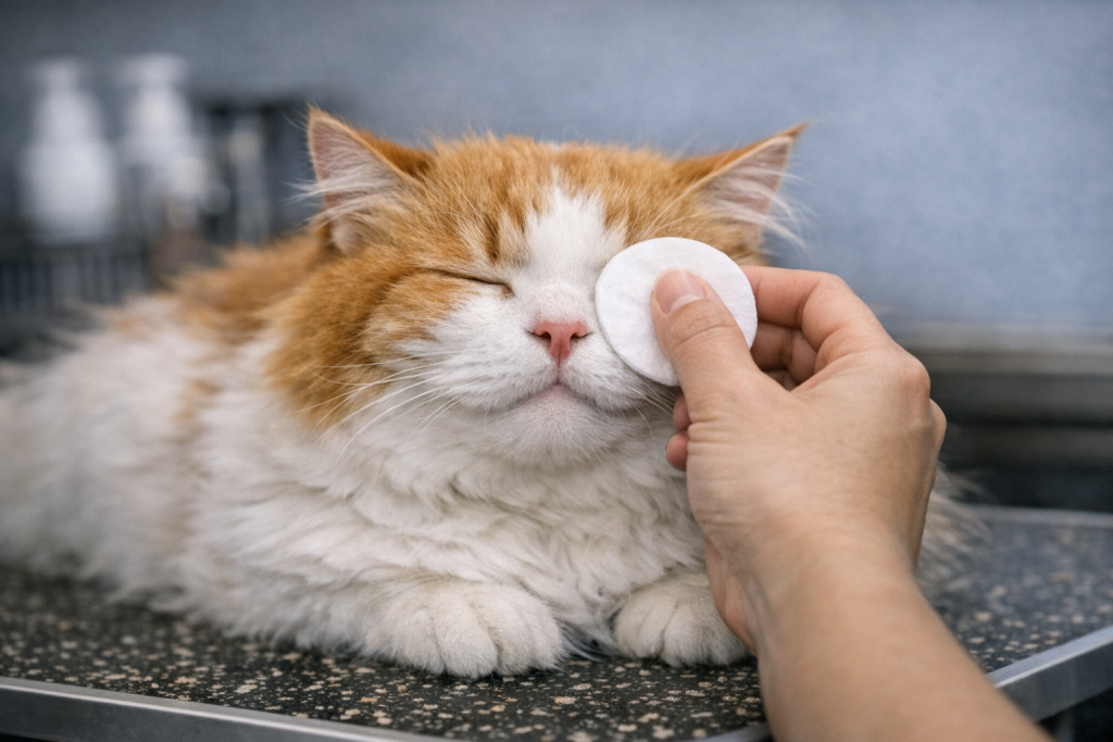 Nettoyage doux des yeux d’un chat lors d’un toilettage
