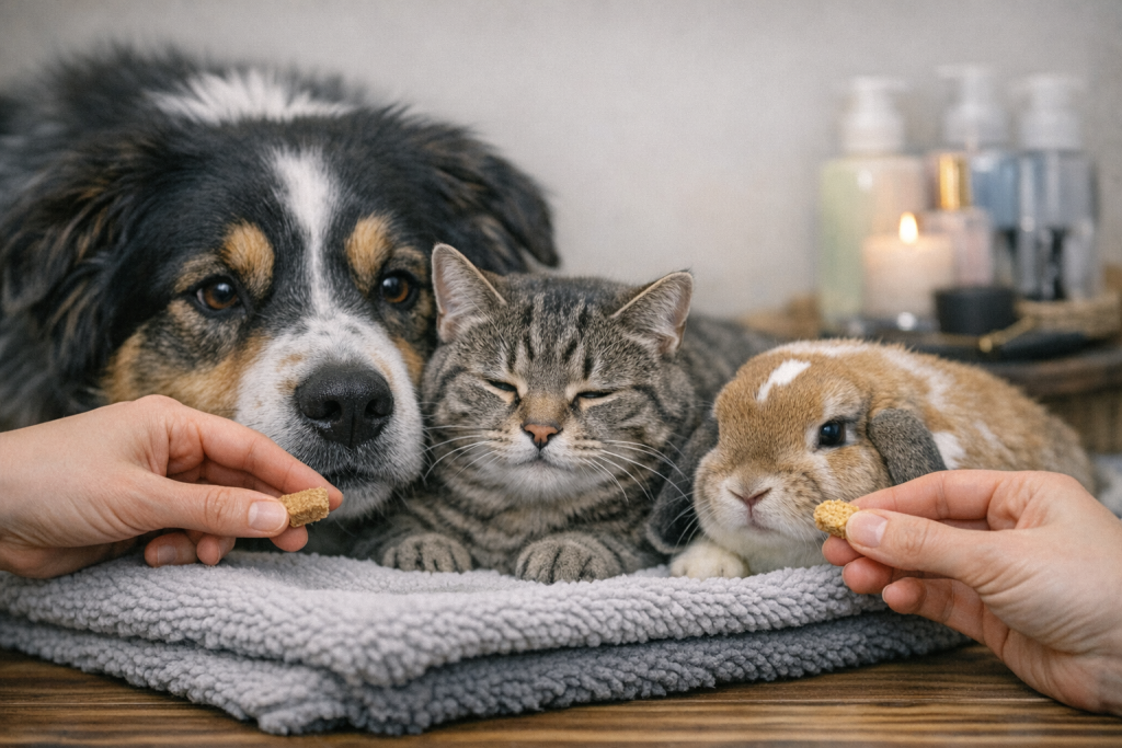 Chien, chat et NAC recevant une récompense après toilettage