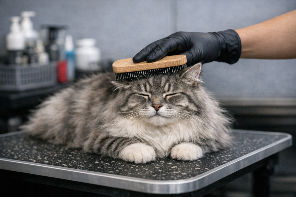Brossage d’un chat à poils longs sur une table de toilettage