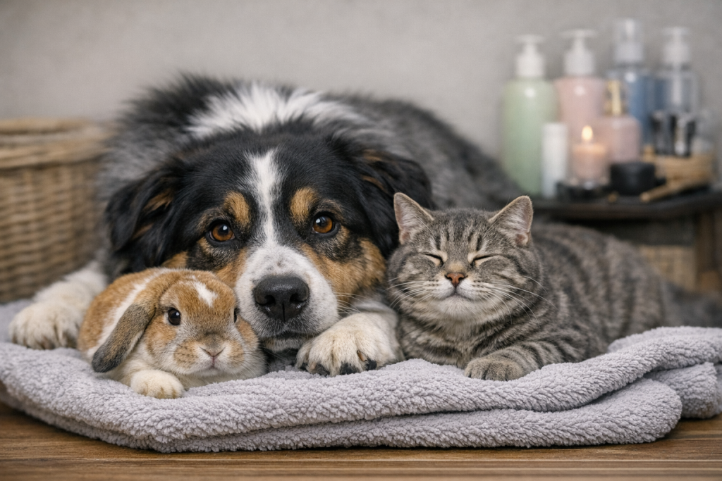 Chien, chat et lapin détendus sur une serviette dans un salon de toilettage comportemental